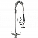 PRS2201 Pre-Rinse Spray, Single Pedestal, Twin Feed, Short, No Faucet, Rose He <!DOCTYPE html>
<html lang=\"en\">
<head>
<meta charset=\"UTF-8\">
<meta name=\"viewport\" content=\"width=device-width, initial-scale=1.0\">
<title>Pre-Rinse Spray Product Description</title>
</head>
<body>

<h1>Pre-Rinse Spray System - Rose He Model</h1>
<ul>
<li>Single Pedestal Design for Stability and Space Efficiency</li>
<li>Twin Feed Pipes to Provide both Hot and Cold Water Supply</li>
<li>Compact Profile with Short Height for Limited Space Installations</li>
<li>No Faucet Included, Offering Flexibility for Custom Setup</li>
<li>Durable Construction Suitable for Heavy Duty Use</li>
</ul>

</body>
</html> 